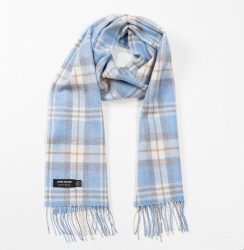 Extra Fine Merino Scarf - Baby Blue Cream and Taupe Check