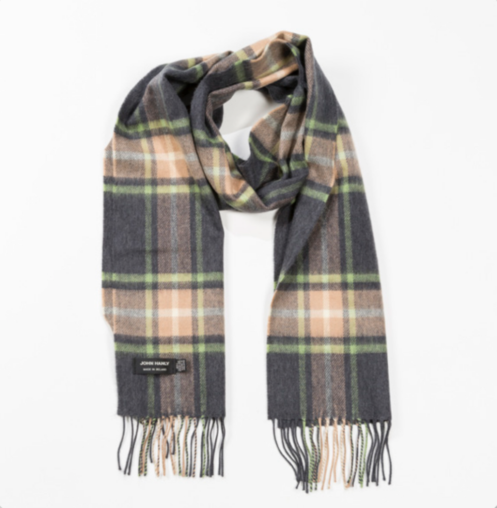 Extra Fine Merino Scarf - Grey Beige and Light Green Check